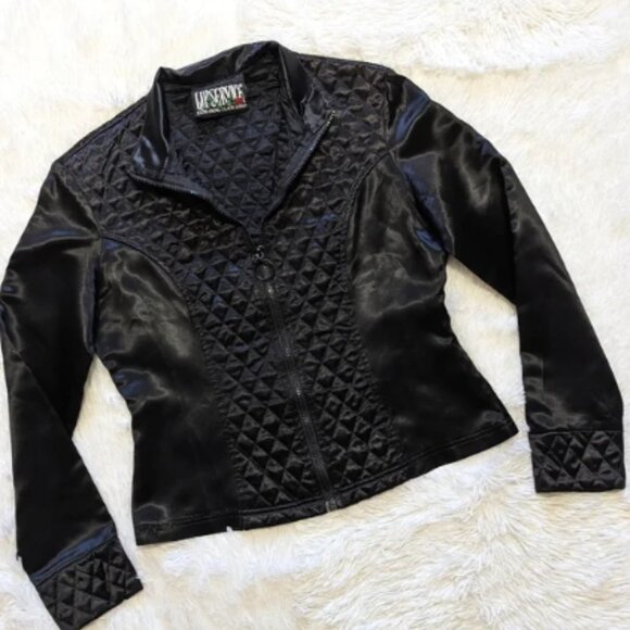 Vintage Lip Service Black Satin Quilted Zip Jacket with Rose Tag - Picture 2 of 14